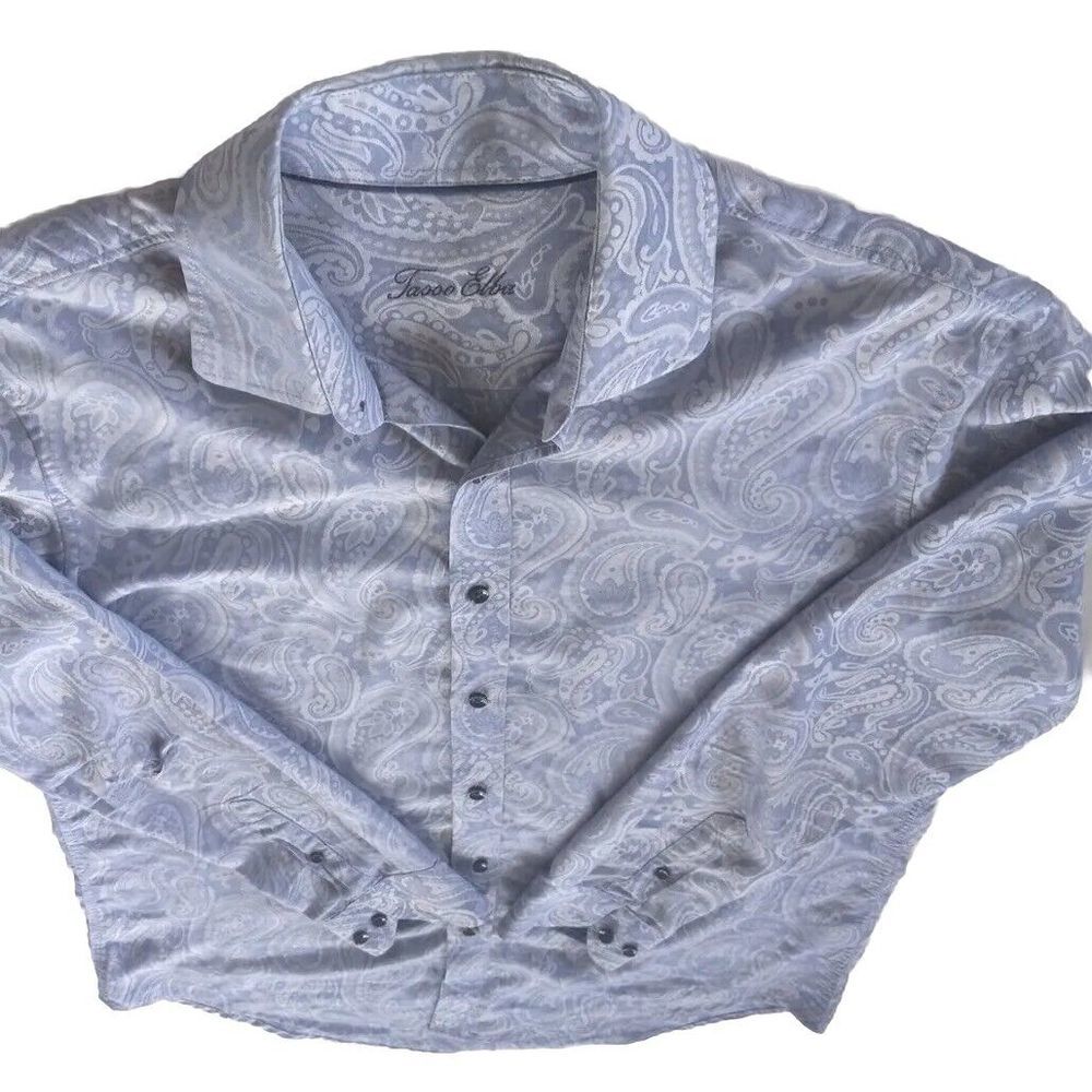 Taso Elba Men's Short Sleeve Shirt Medium Floral Paisley Blue Cotton See Image